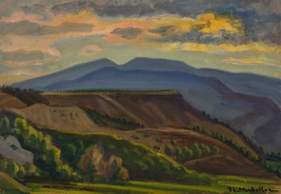 Mountains at Sunset Above Velo — Oil painting, Fiberboard, 35.00×50.00cm — Theodoros Markellos